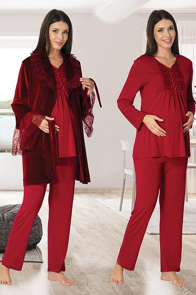 LOHOUSE Lacy Cherry Velvet Cotton Pajamas and Dressing Gown Set for Pregnant and Maternity
