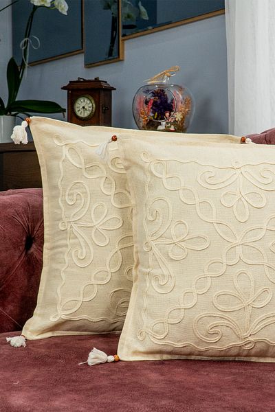 Yavuz Tekstil Laseli Bead Multiple Flower 2-Piece Throw Pillow Cover 100% Cotton