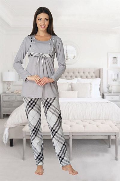 LOHOUSE Gray Cotton Long Sleeve Winter Maternity and Maternity Pajamas Set