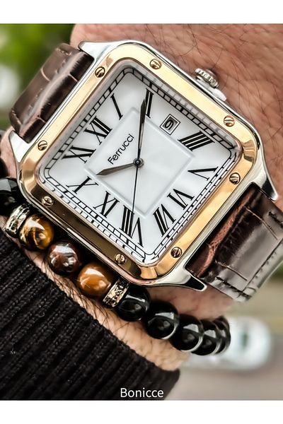 Ferrucci Brown Leather Cord, Rose Square Case, with Calendar, Roman Numeral Dial Men's Wristwatch with Bracelet Gift