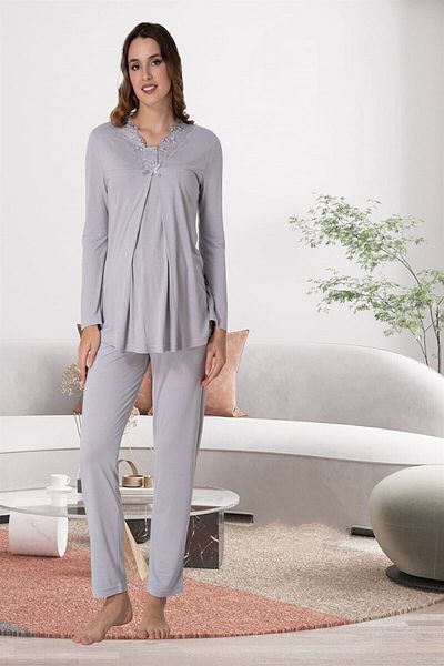LOHOUSE Gray Lace Cotton Long Sleeve Maternity Pajama Set - Lohusa