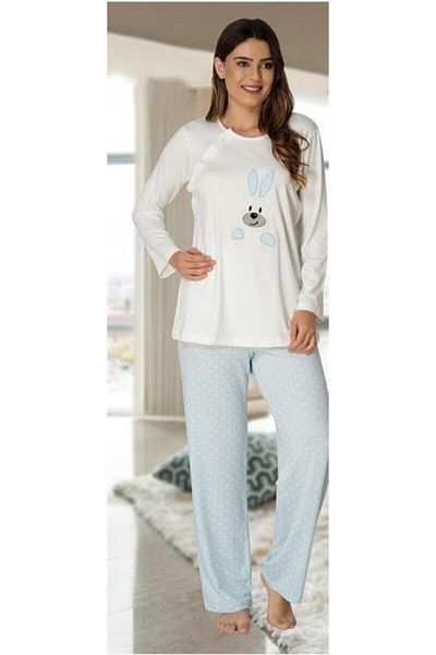 LOHOUSE Set de pijamale de maternitate cu mâneci lungi cu model de iepure albastru
