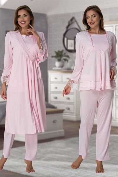 LOHOUSE Pink Lace Detailed Maternity and Maternity Dressing Pajamas Set - Long Sleeve, Cotton