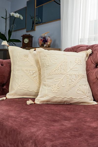 Yavuz Tekstil Laseli Beaded Lace Floral 2-Piece Throw Pillow Cover 100% Cotton