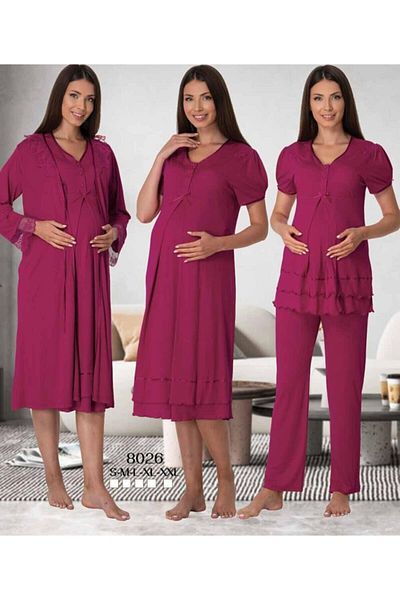 LOHOUSE Fuchsia Lace 4-Piece Pajamas and Nightgown Set - Waist Adjustable, Morning Gowns, for Maternity and Pregnant Women