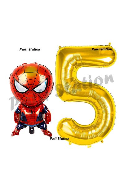 Parti Station Spiderman 5 Year Old Birthday Party Set - Balloon and Spiderman Figure