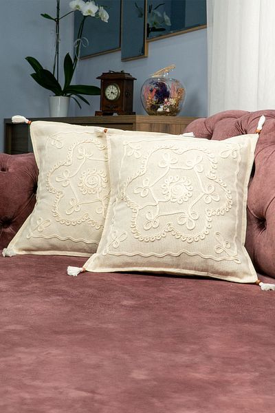 Yavuz Tekstil Laseli Bead Flower 2-Piece Throw Pillow Cover 100% Cotton