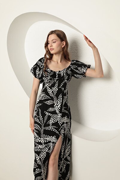 lovebox Новий сезон віскозна тканина з візерунком сніжинок, рукави-ліхтарики, квадратний комір, сукня середньої довжини