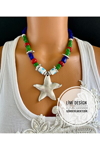 Limi Design قلادة معدنية من الخرز الزجاجي مع إكسسوار نجمة - صناعة يدوية