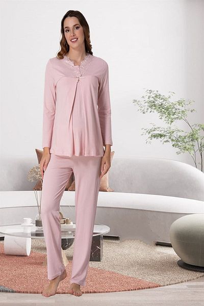 LOHOUSE Powder Colored Lace Long Sleeve Cotton Maternity and Maternity Pajamas Set