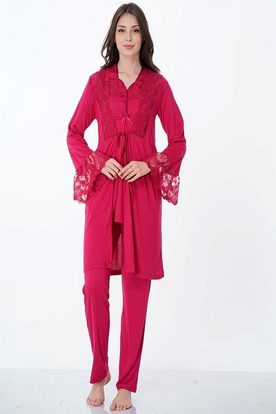 LOHOUSE Cherry Colored Lace Cotton Maternity and Maternity Dressing Gown Pajamas Set - 3-Piece