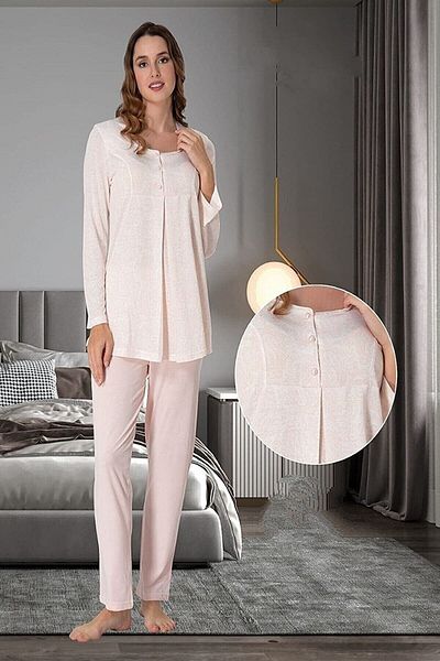 LOHOUSE Women's Salmon Patterned Long Sleeve Cotton Maternity Pajamas Set with Breastfeeding Feature
