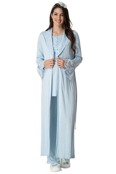 LOHOUSE Set pijamale și rochii de damă din dantelă albastră - mâneci prințesă, bumbac, 3 buc