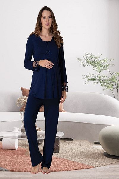 LOHOUSE Navy Blue Lace Maternity and Maternity Pajamas Set - Long Sleeve, Cotton, Feature for Breastfeeding