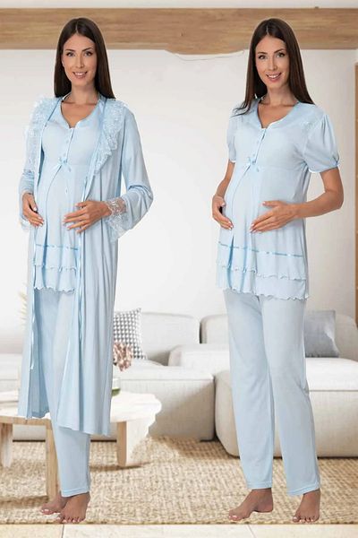 LOHOUSE Set pijamale și halate de toaletă pentru femei cu design albastru - mâneci prințesă, maternitate de maternitate din bumbac