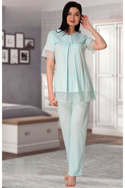 LOHOUSE Turquoise Lace Cotton Short Sleeve Maternity Pajama Set - Lohusa