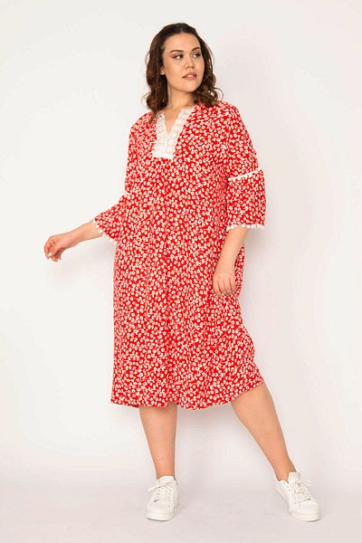 Şans Large Size Colorful Viscose Dress with Lace Detail - 65N33209
