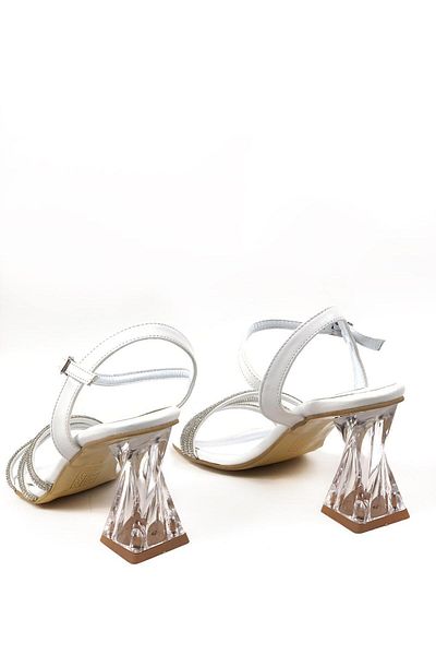 bescobel Women's Pessa White Ankle Strap Stone Piping Detailed Twist Heel Shoes Sandals
