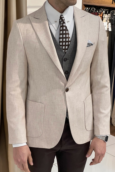 NAZEF Pointed Collar Bag Pocket Linen Jacket - Slim Fit Design