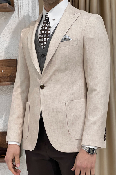 NAZEF Pointed Collar Bag Pocket Linen Jacket - Slim Fit Design