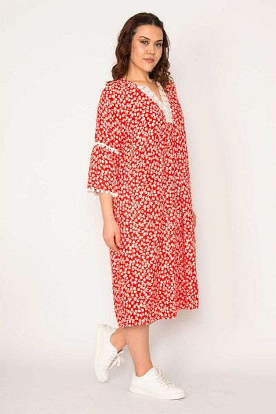 Şans Large Size Colorful Viscose Dress with Lace Detail - 65N33209
