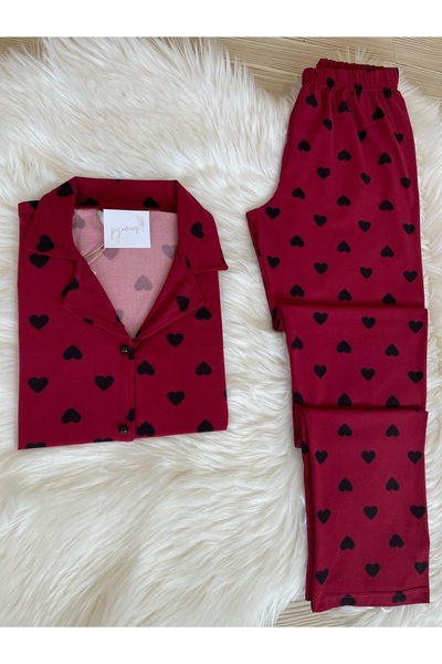 Pijamacs Claret Red Heart Patterned Front Buttoned Short Sleeve Milan Pajama Set