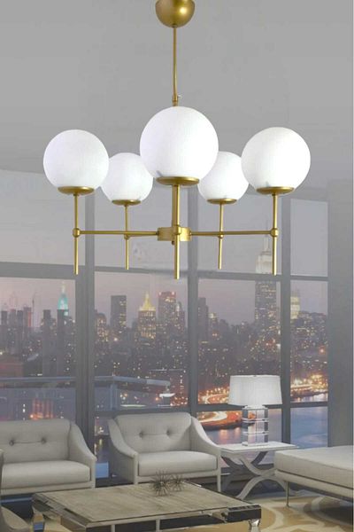 BSA LIGHTING ARMINA 5-PIECE ANTIQUED PAINTED MODERN CHANDELIER (WITH WHITE GLASS)