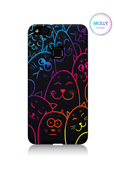 Molly Huawei P10 Lite Siyah Rainbow Sevimli Kediler Desenli Silikon Kılıf