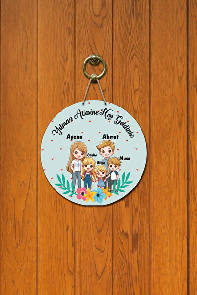 royalmoni Kapı Süsü Geniş Aile Figürlü Hoş Geldiniz Yazılı Ahşap Baskı Kişiye Özel Tasarım