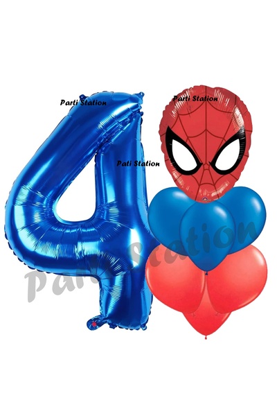 Parti Station Örümcek Adam 4 Yaş Balon ve Lacivert Rakam Balon Doğum Günü Par...