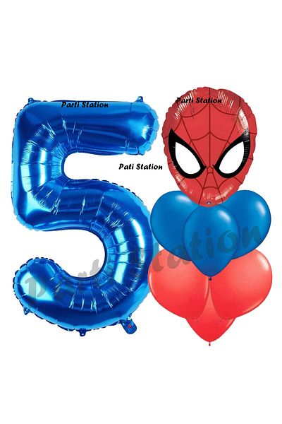 Parti Station 5 Year Old Spiderman Balloon and Navy Blue Figure Birthday Party Set - Spiderman Navy Blue Balloon