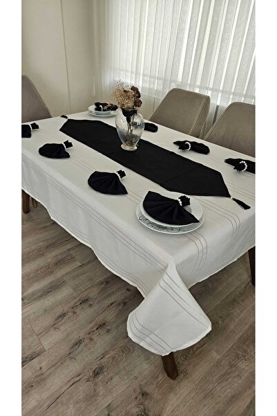 ZESA HOME مفرش طاولة بتفاصيل خط كولبر (كريمي-أسود) 26 قطعة لـ 12 شخصًا - طاول...