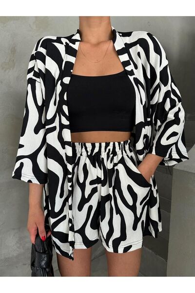 MODERNİZE Women's BLACK & WHITE ZEBRA Low Shoulder Kimono Shorts Suit