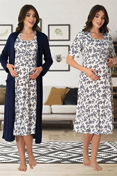 LOHOUSE طقم ثوب صباحي و ثوب نوم من القطن منقوش باللون الأزرق الداكن - بأكمام ...