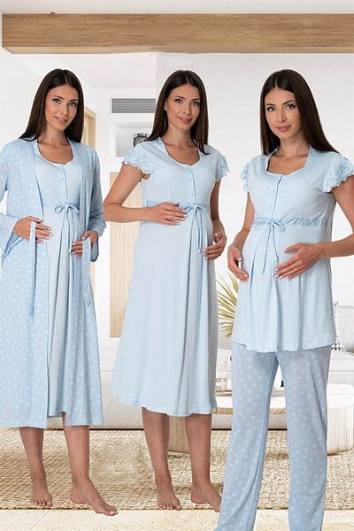 LOHOUSE Set de pijamale pentru maternitate și maternitate cu buline albastre - Set de 4 cămăși de noapte