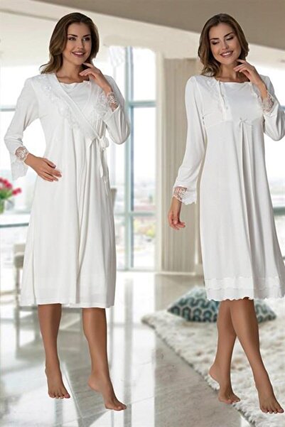 LOHOUSE Effort Ecru Midi Combed Maternity Nightgown Dressing Gown Set