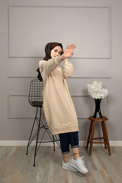 Soul SOULWomen's Below the Knee Long Sleeve Elastic BEIGE Tunic / sweat 30645