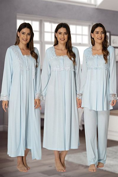 LOHOUSE Set de pijamale pentru femeie din dantelă albastră, cu mânecă lungă, din bumbac, pentru maternitate pentru maternitate. Set cămașă de noapte