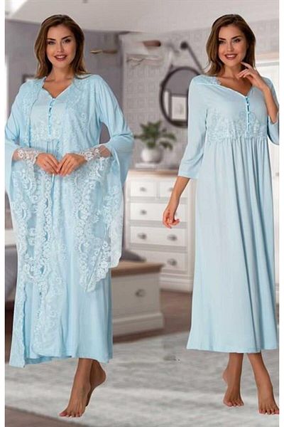 LOHOUSE Set cămașă de noapte și rochie din dantelă specială albastră pentru gravide și postpartum