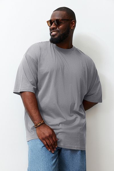Trendyol Collection Gray Oversize Large Size Cotton T-Shirt - Tmnss23Ts00139