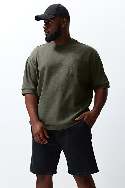 Trendyol Collection Khaki Premium Texture Oversize Large Size T-Shirt - Pocket, Comfortable TMNSS24BF00028