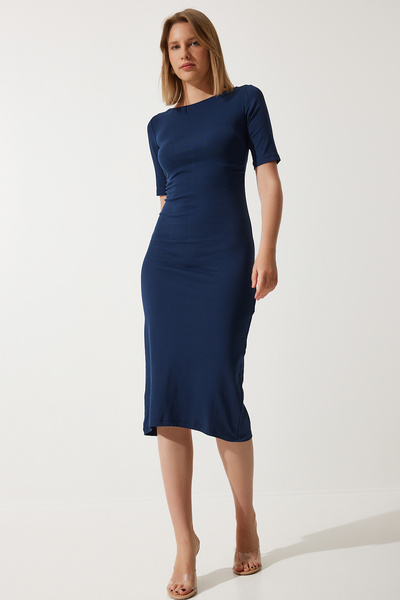 Happiness İstanbul Női sötétkék Gather részletes nyári kötött ruha UB00269