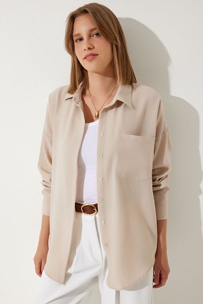 Happiness İstanbul Hellbeige Oversize-Leinenbluse Ayrobin für Damen DD01222