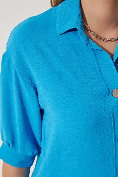 Happiness İstanbul Dámská modrá ayrobinová košile s balonovým rukávem DD01321