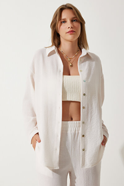 Happiness İstanbul Women's Bone Linen Oversize Shirt Loose Pants Set UL00019