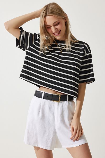 Happiness İstanbul Women's Black and White Striped Oversize Crop Knitted T-Shirt BP00162