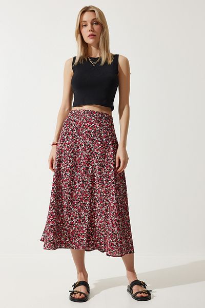 Happiness İstanbul Rot-schwarzer Sommerrock aus Viskose mit Blumenmuster und Schlitz für Damen, MX00165