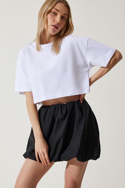 Happiness İstanbul Weißes Oversize-Strick-T-Shirt für Damen, 100 % Baumwolle, kurz, BP00164