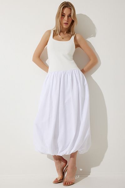 Happiness İstanbul Weißes Ballon-Midikleid für Damen UB00276