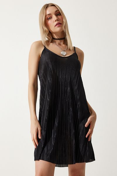 Happiness İstanbul Women's Black Strappy Pleated Summer Mini Knitted Dress DZ00119